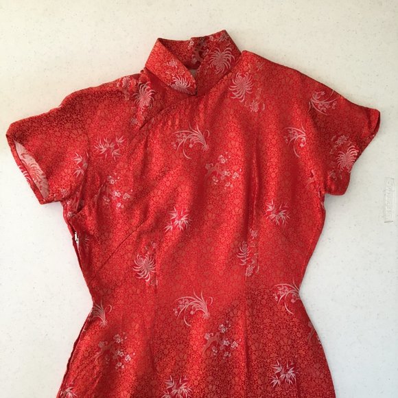 Vintage 60s Red Brocade Asian Chinese Cheongsam Dress Qipao Traditional (T3) - Picture 4 of 16